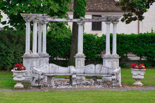 Pavilion In Garden, Stone Ancient Arbor In Italy