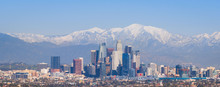 Downtown Los Angeles From Afar With Snowy San Gabriel Mountains - Panorama