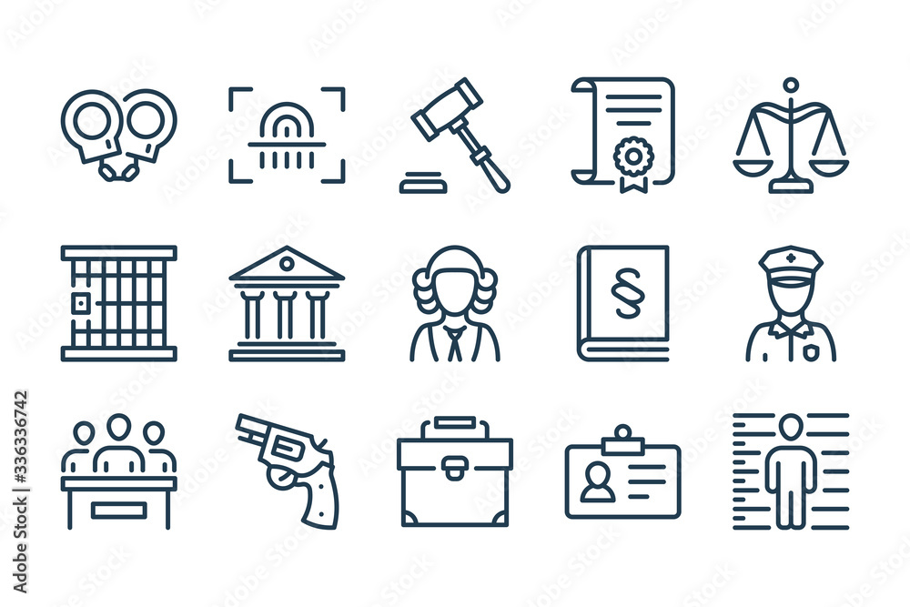 Law and Judgement line icons. Justice, Court of law and Government vector linear icon set. - obrazy, fototapety, plakaty 