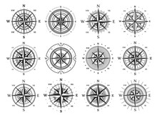 Nautical Compass Wind Rose Vector Icons. Isolated Vintage Symbols Of Marine Maps And Antique Cartography, Navigation Compass Rose Or Windrose With Cardinal Directions Of North, East, South And West