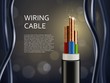 Wiring cable with copper shine sparks, vector poster. Realistic wire cable in cut with connection color wires, electricity, internet and television cable technology background