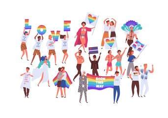 Crowd of people on pride parade isolated on white background. Lgbtq activists in costumes at demonstration, marche. Group of people holding pride symbols. Vector illustration in flat cartoon style