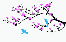 Vector Illustration Of Birds On An Elegance Pink Tree Branch. Flying Birds.