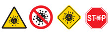 SARS-CoV-2 Coronavirus (2019-nCoV)  Causes Disease Covid-19  Typography Design Concept Prohibit Sign Set.  Vector Illustration For Poster, Banner, Flyer