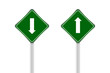 © cgdeaw - road sign green and white arrow pointing up and down, traffic road sign green isolated on white, green traffic sign ahead and down, warning caution sign and steel pole for direction signpost the way