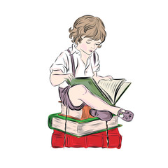 Little boy read book sitting on stack of books. Young intellectual. Preschool child