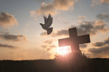 Silhouette Jesus Christ death on Cross Crucifixion On Calvary Hill In Sunset Good Friday Risen In Easter Day Background Concept For Christian praise For holy Spirit Religious God, Resurrection Sunday