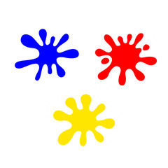 blue red and yellow primary colors isolated on white background, primary colors for children learning art, drop splash of three primary basic color, blue red and yellow colors splash simple art symbol