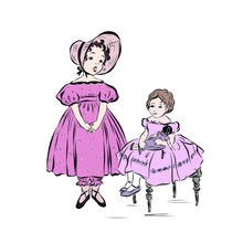Two Little Princesses In Pink Dresses Different Age.