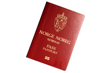 Red passport of Kingdom of Norway isolated on white background