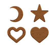 Wooden Crescent Moon, Star Wood Cute, Heart Shaped Wood, Wooden Heart Frame Shape Dark Brown Retro, Different Shapes Wooden Cut Out For Vintage Decoration, Wood Plank Star And Crescent Moon And Heart