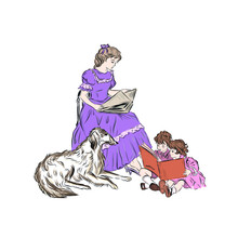Mothers Day. Woman With Her Twins Children Reads Books. Baby Sitter In Kindergarten. Dog Guards The Hostess's Family. Vintage People. Hand Drawn Clip Art. Happy Childhood. 