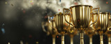 Fototapeta  - close up golden trophy award with falling confetti. copy space for text. 3d rendering.