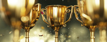 Close Up Golden Trophy Award With Falling Confetti. Copy Space For Text. 3d Rendering.