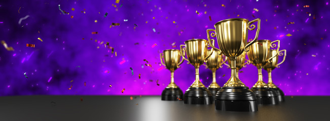 Wall Mural - golden trophy award with falling confetti on purple background. copy space for text. 3d rendering.