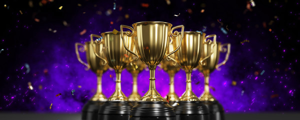 Wall Mural - golden trophy award with falling confetti on purple background. copy space for text. 3d rendering.