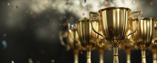 Wall Mural - close up golden trophy award with falling confetti. copy space for text. 3d rendering.