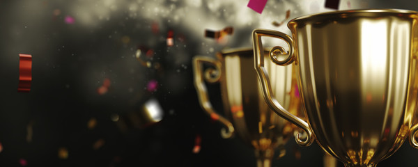 Wall Mural - close up golden trophy award with falling confetti. copy space for text. 3d rendering.