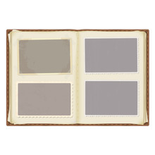 An Old Open Photo Album In A Leather Cover. Photo Templates With Patterned Edges In The Grunge Style. The Corners Are Fixed With Tape. Isolated On A White Background