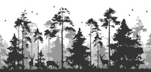Horizontal Seamless Vector Illustration. Pine Forest With Animals. You Can Remove Deer Or Birds - They Are Isolated