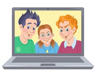 Poster - Two young men and a cute girl on a laptop screen. Video chat online. Home Office. Internet communication during quarantine. In cartoon style. Vector illustration