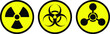 Radiation sign, biological contamination icon, chemical weapons symbol. Set of stickers of weapons of mass destruction.