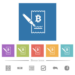 Poster - Signing Bitcoin cheque flat white icons in square backgrounds