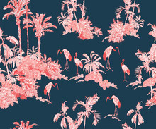 Red Cranes In Tropical Jungles With Palms And Exotic Trees, Lithography Chinese Design Exotic Wildlife In Tropics, Red On Navy Blue Background