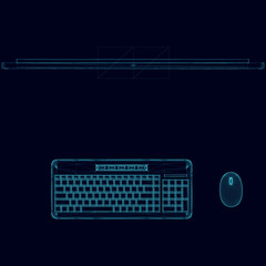 Poster - Computer wireframe made of blue lines on a dark background. Monitor, keyboard and mouse. View from above. Vector illustration