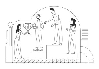 Wall Mural - Job promotion thin line vector illustration. HR manager and workers on pedestal character on white background. Best employee award, career development, success achievement simple style drawing