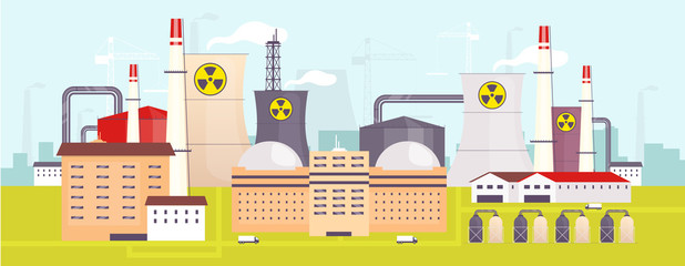 Poster - Nuclear power plant flat color vector illustration. Industrial facility 2D cartoon landscape with atomic reactors on background. Energy manufacturing station, electricity production factory panorama