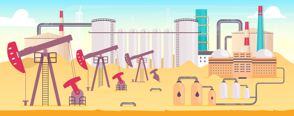 Poster - Industrial refinery plant flat color vector illustration. Gas extraction station 2D cartoon landscape with chimneys on background. Onshore oil rig with pumps. Natural resources mining equipment