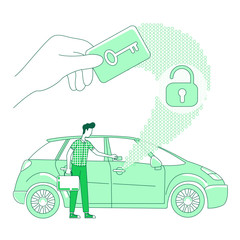 Poster - Keycard scan thin line concept vector illustration. Man opening car with electronic key 2D cartoon character for web design. Vehicle keyless lock authentication system creative idea