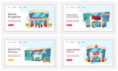 Poster - Shop front landing page flat color vector template set. Online pharmacy homepage layout. Airport taxi service one page website interface with cartoon illustration. Legal advisor web banner, webpage