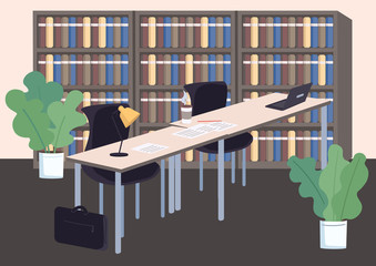 Poster - College library flat color vector illustration. University classroom 2D cartoon interior with bookcases on background. Student lifestyle, public studying place. Empty room with bookshelves and tables