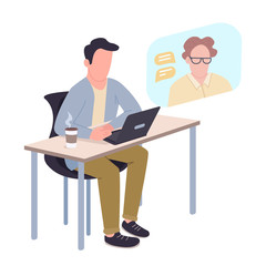 Poster - Guy studying at home flat color vector faceless character. Student communicating with teacher online isolated cartoon illustration for web graphic design and animation. Distance internet education