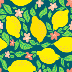 Wall Mural - Lemon fruit pattern. Seamless summer citrus pattern with lemons, leaves and blossom flower.