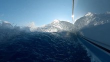 Low Angle View Of Yacht's Wake, Port Side View Of The Boat, Slow Motion.