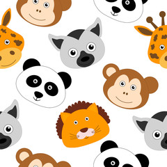 Canvas Print - Seamless pattern Cute Animal Face Vector Children Illustration Lemur Monkey Lion Panda Giraffe