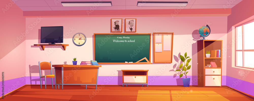 Obraz Empty classroom with inscription Welcome to school on chalkboard. Vector cartoon illustration of class interior with globe, books on desk and blanck poster and lcd monitor on wall fototapeta, plakat