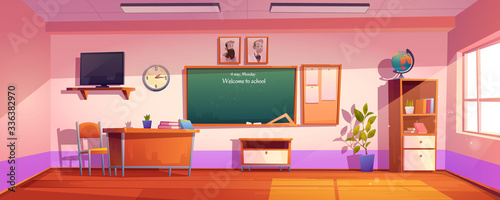 Fotomural Empty classroom with inscription Welcome to school on chalkboard