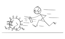 Vector Cartoon Stick Figure Drawing Conceptual Illustration Of Man Chasing Running Coronavirus COVID-19 Virus With Disinfection Or Disinfectant.