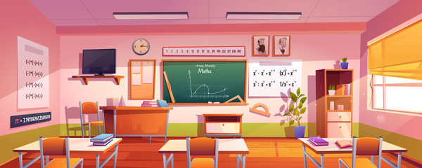 classroom for math study with graph on chalkboard. vector cartoon illustration of empty class interi