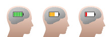 Full, Half Full And Empty Battery In A Human Head. Symbol For Mental Energy Reduction, Decreasing Concentration, Learning Time, Waning Success Or Negative Mental Mood.
