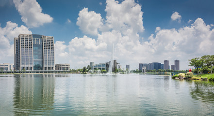 Modern business building by the small lake