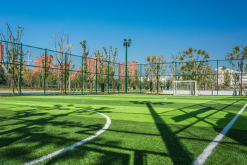 Panoramic view of soccer field stadium and stadium seats