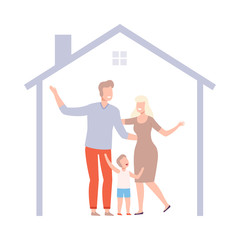 Sticker - Mother, Father and Their Son at Home, House Frame with Happy Family Inside Vector Illustration