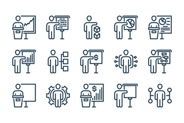 Poster - Presenter and Business Presentation related line icon set. Conference and Training Courses vector icons.
