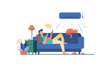 Young Man Relaxing At Couch Under Air Conditioner Flat Vector Illustration. Cartoon Guy In Cold Room Chatting Via Smartphone. Digital Technology And Summer Home Concept