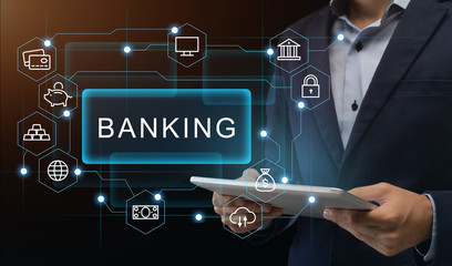 Poster - Unrecognizable businessman with tablet using internet banking app. Collage with finance icons. Panorama